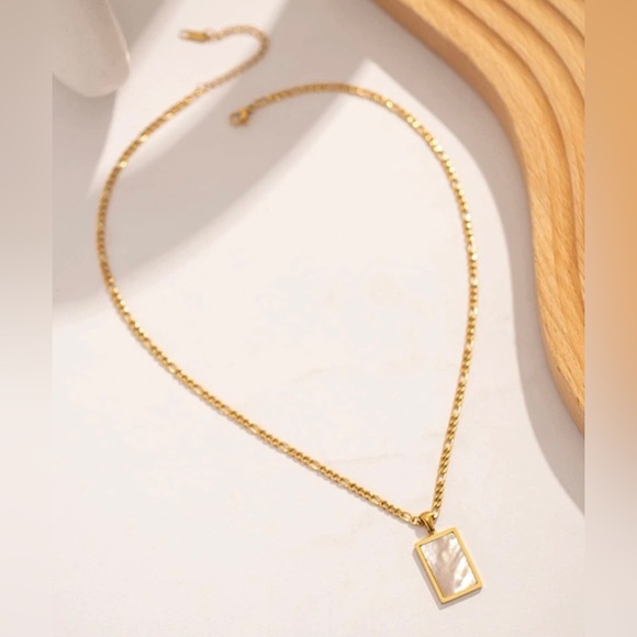 Mother Pearl Rectangle Iridescent Shell Gold Stainless Steel Geometric Necklace - Picture 12 of 17